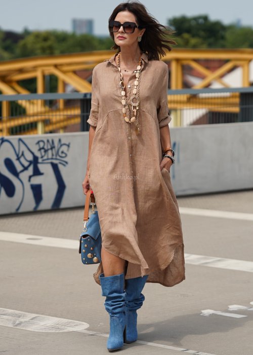 Lniana Sukienka Koszulowa  Molina long camel