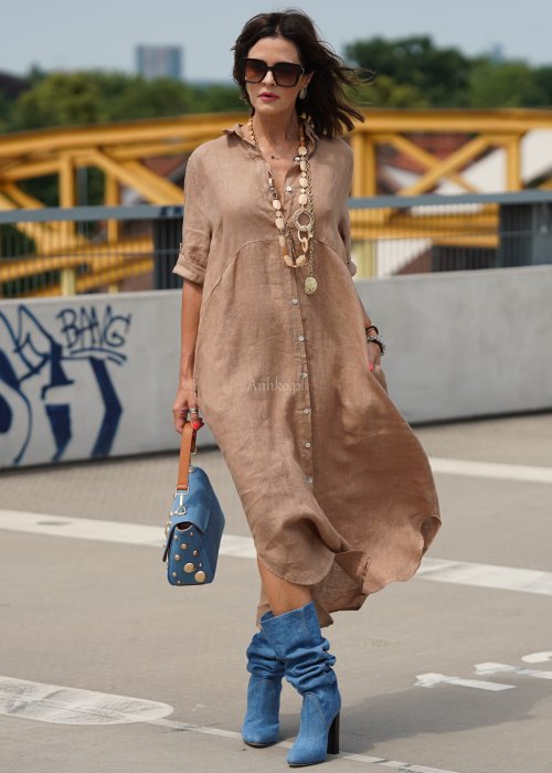 Lniana Sukienka Koszulowa  Molina long camel