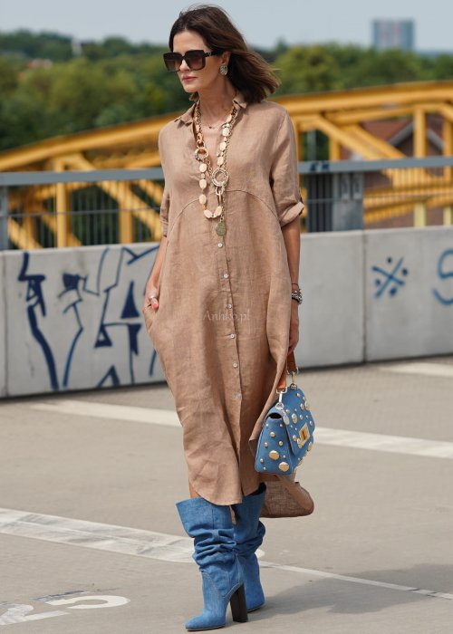 Lniana Sukienka Koszulowa  Molina long camel