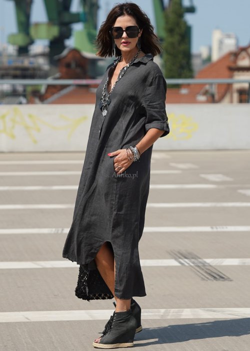 Lniana Sukienka Koszulowa  Molina Long antracytowa