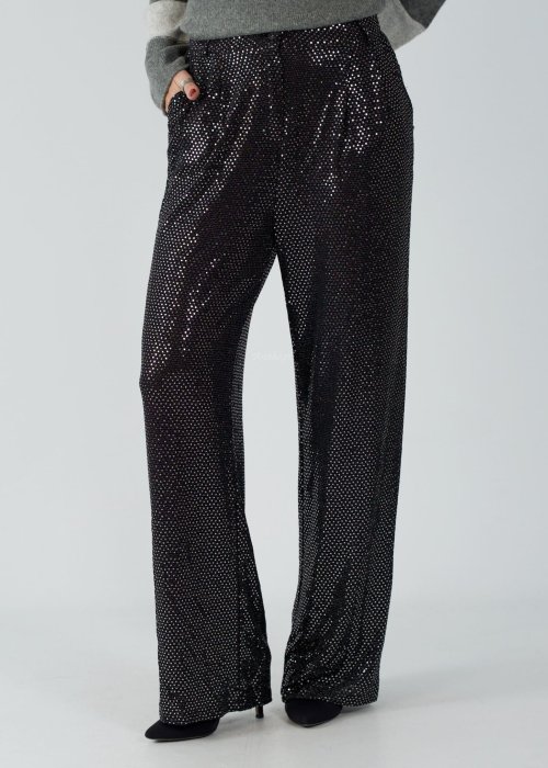 Czarne szerokie spodnie o połyskującej, cekinowej fakturze
