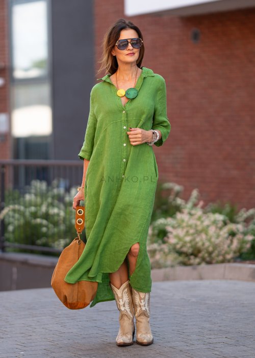 Sukienka Lniana Molina Long Zielona Trawa