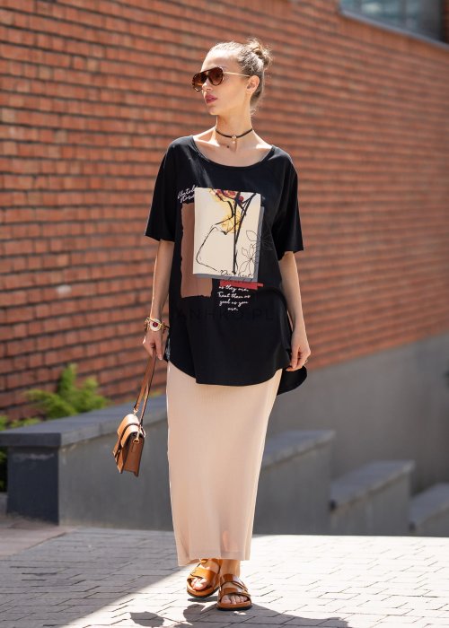 Beżowa spódnica damska ołówkowa o długości midi, dopasowana, z wysokim stanem