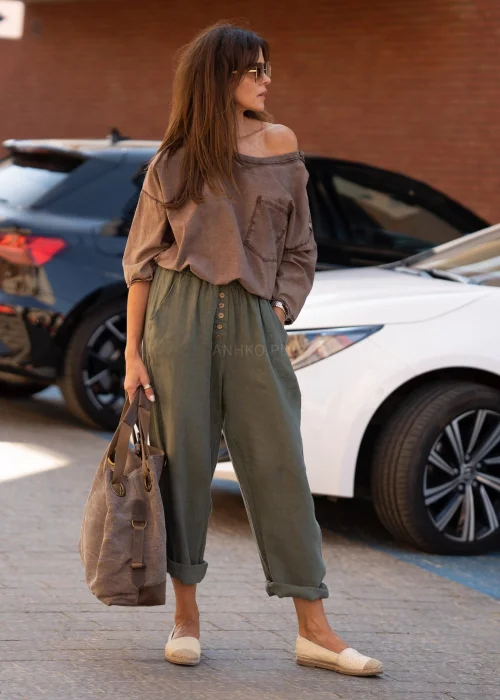 Spodnie Lniane Guzim Khaki 