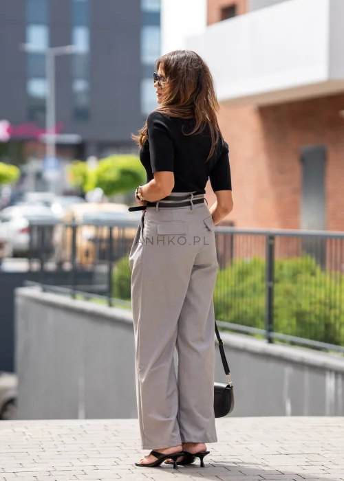 Szare spodnie damskie z wysokim stanem i szerokimi nogawkami, elegancki fason z zakładkami w nowoczesnej stylizacji.