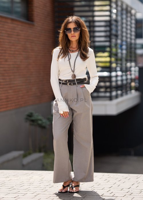 Szare spodnie damskie z wysokim stanem i szerokimi nogawkami, elegancki fason z zakładkami w nowoczesnej stylizacji.