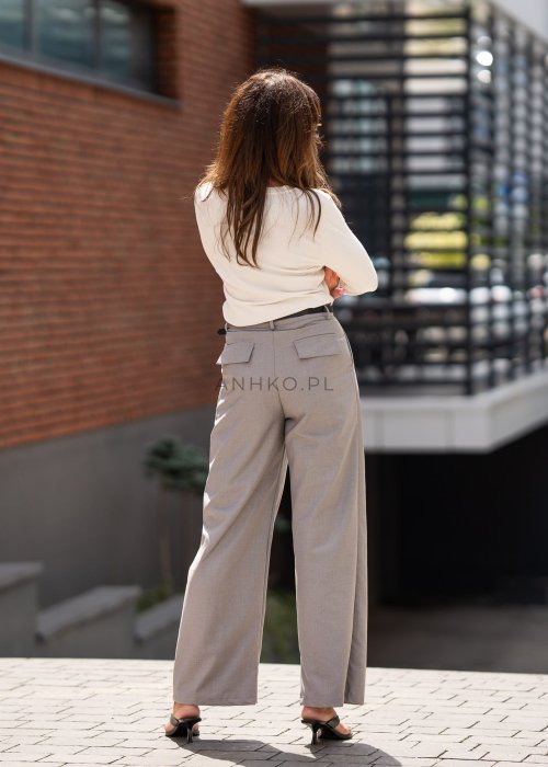 Szare spodnie damskie z wysokim stanem i szerokimi nogawkami, elegancki fason z zakładkami w nowoczesnej stylizacji.