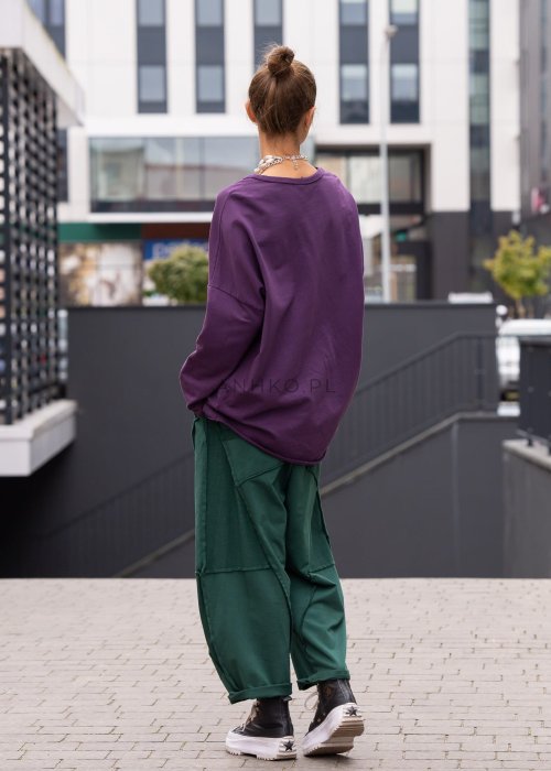 Damskie spodnie dresowe w kolorze butelkowej zieleni o luźnym kroju z ozdobnymi przeszyciami i kieszeniami. Stylizacja z podwiniętymi nogawkami i sneakersami.