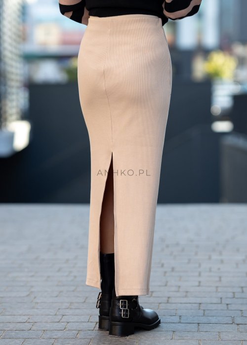 Beżowa spódnica damska ołówkowa o długości midi, dopasowana, z wysokim stanem