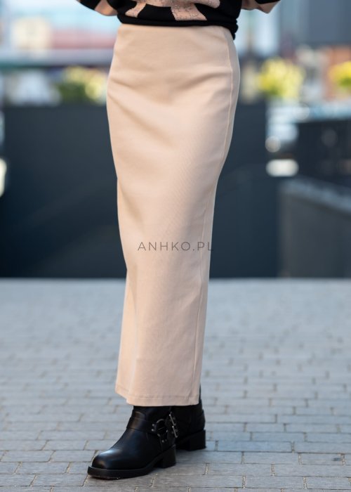 Beżowa spódnica damska ołówkowa o długości midi, dopasowana, z wysokim stanem