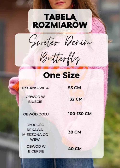 Dzianinowy sweter damski w jasnoszarym kolorze, o luźnym fasonie z długimi rękawami i dekoracyjną aplikacją motyla z denimu.