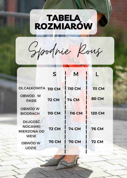 Tabela Rozmiarów S, M, L, Spodnie Rous Niebieskie