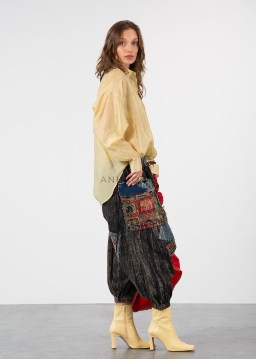 Lekka koszula damska Oversize Princess pastelowy żółty oversize z kołnierzykiem i długim rękawem