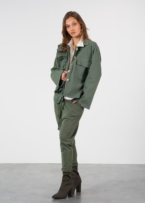 Lekka kurtka z falbaną z przodu w głębokim khaki kolorze, doskonała do casualowych stylizacji