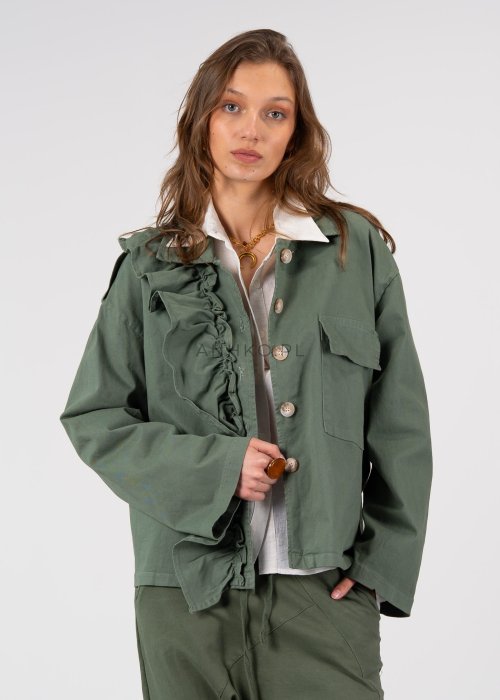 Lekka kurtka z falbaną z przodu w głębokim khaki kolorze, doskonała do casualowych stylizacji