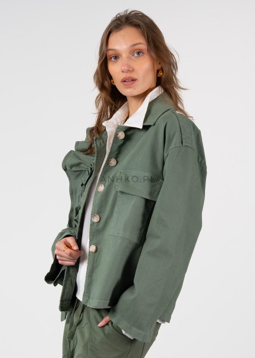 Lekka kurtka z falbaną z przodu w głębokim khaki kolorze, doskonała do casualowych stylizacji