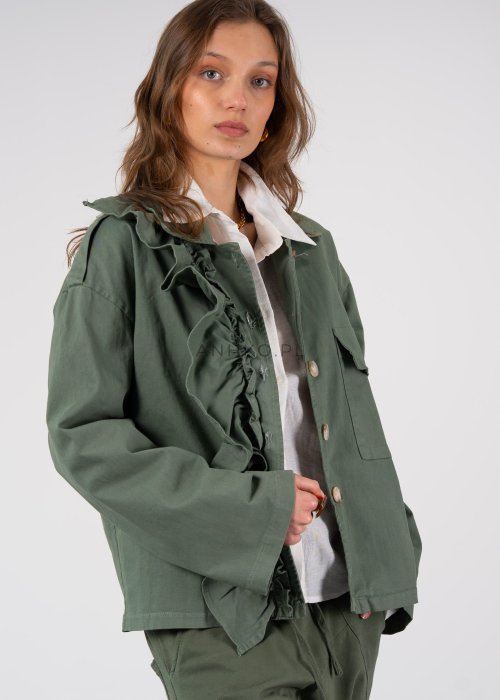 Lekka kurtka z falbaną z przodu w głębokim khaki kolorze, doskonała do casualowych stylizacji