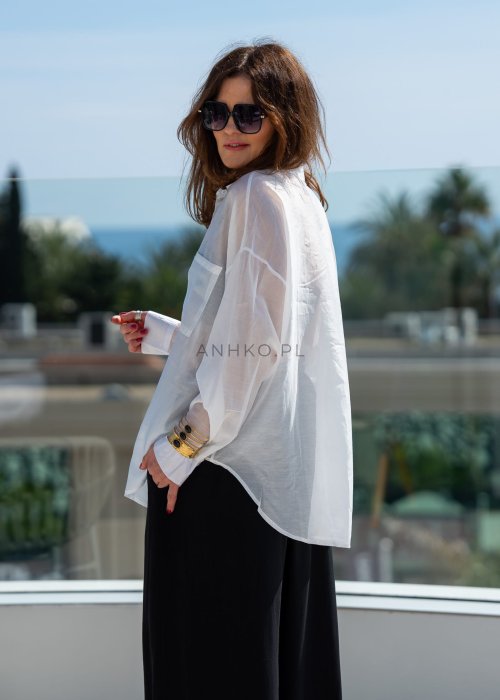 Bawełniana Koszula Damska Oversize Princess jednolita biała z kołnierzykiem i długim rękawem