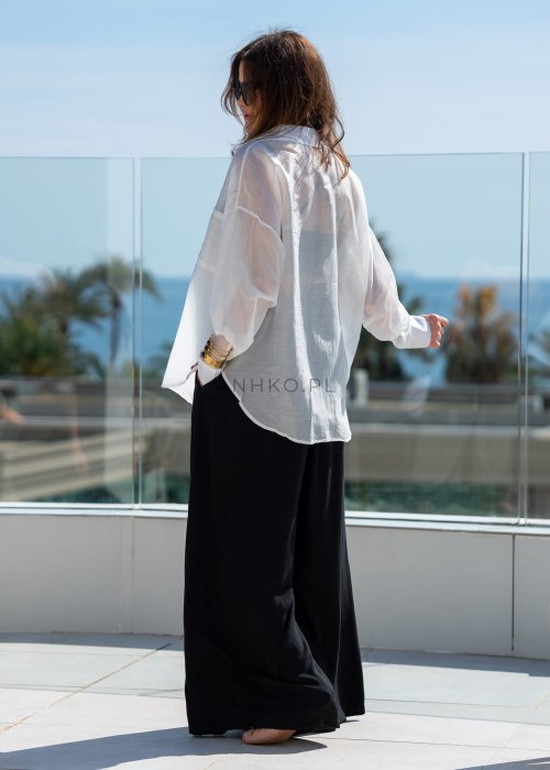 Bawełniana Koszula Damska Oversize Princess jednolita biała z kołnierzykiem i długim rękawem