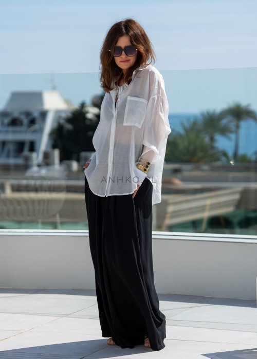 Bawełniana Koszula Damska Oversize Princess jednolita biała z kołnierzykiem i długim rękawem