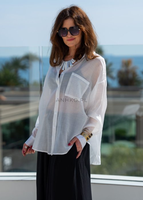 Bawełniana Koszula Damska Oversize Princess jednolita biała z kołnierzykiem i długim rękawem