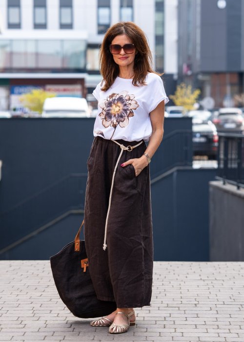 Spodnie Lniane New Geny Ciemnobrązowe 