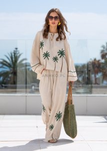 Spodnie z Dodatkiem Lnu Palmo Kremowe