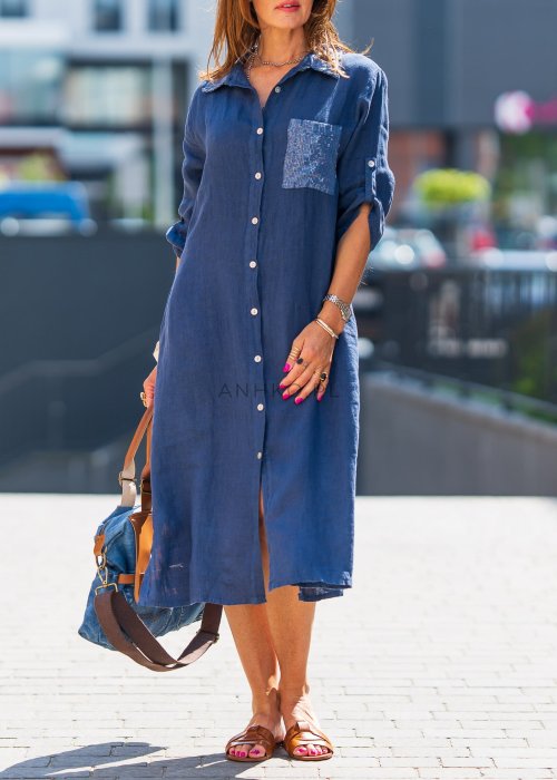 Lniana sukienka koszulowa midi w kolorze granatowym z cekinowym kołnierzykiem i kieszenią, styl miejski z naturalną elegancją.