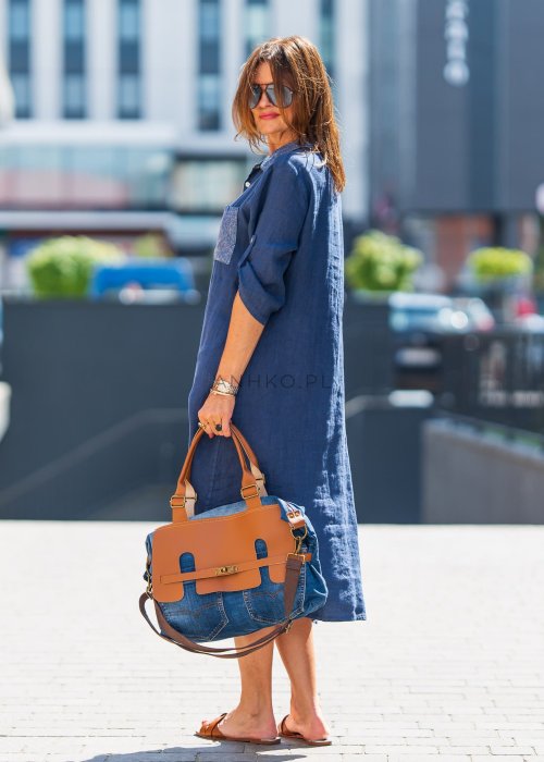 Lniana sukienka koszulowa midi w kolorze granatowym z cekinowym kołnierzykiem i kieszenią, styl miejski z naturalną elegancją.