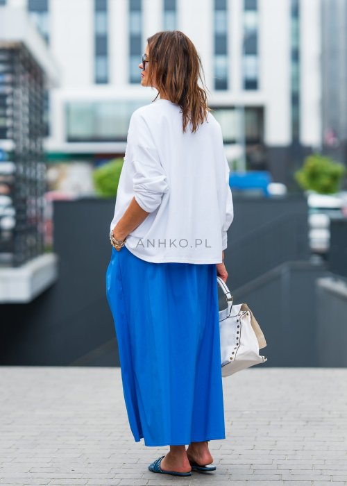 Niebieska spódnica maxi z marszczeniem z przodu – elegancka spódnica damska z wysokim stanem