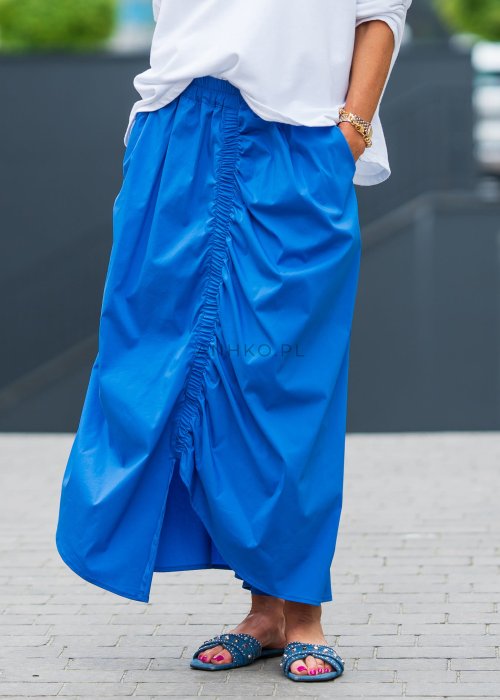 Niebieska spódnica maxi z marszczeniem z przodu – elegancka spódnica damska z wysokim stanem