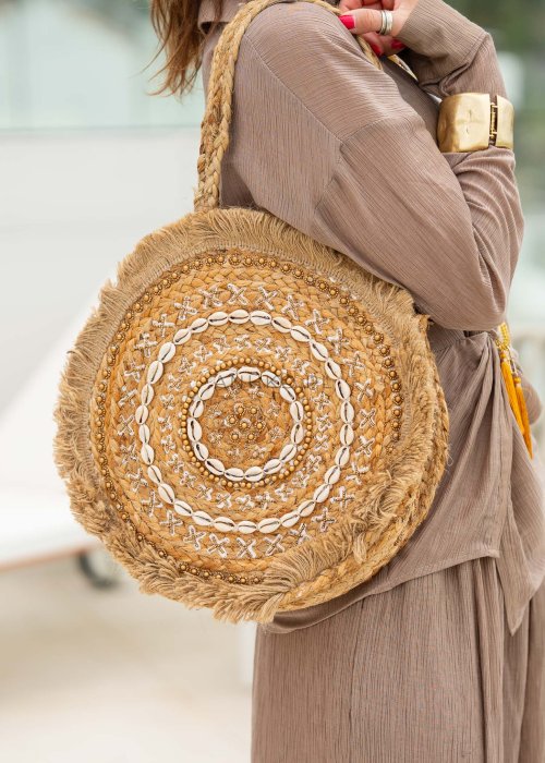 Torebka jutowa BeachBaggy II z muszelkami Złota