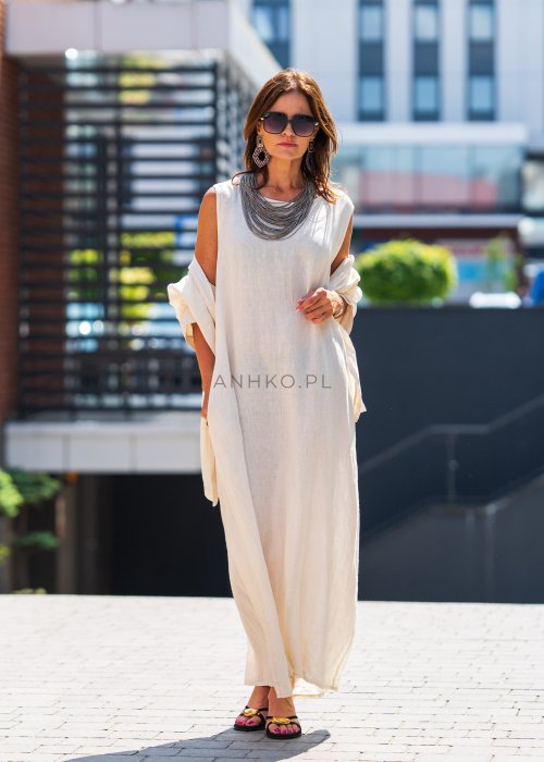 Sukienka Lniana Lou z Kardiganem Kremowa 