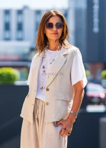 Kamizelka Lniana Vitally Piaskowa w Paski 