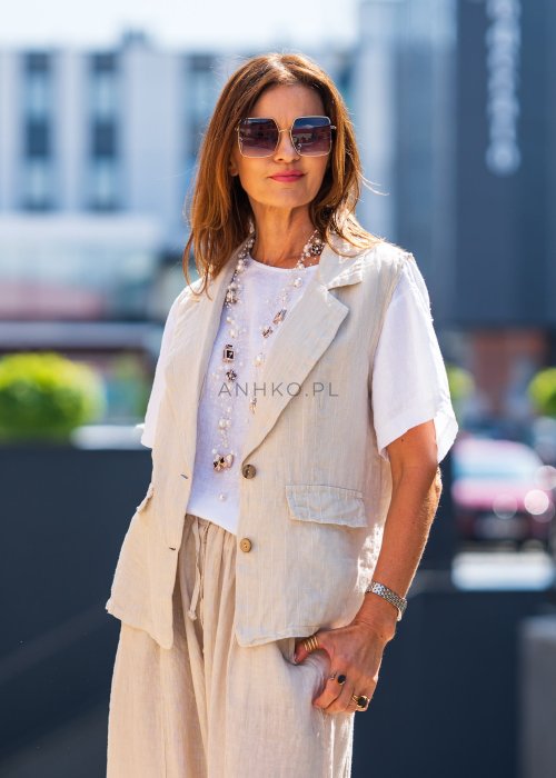 Kamizelka Lniana Vitally Piaskowa w Paski 