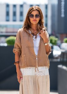 Bluza Lniana Zip Hoodie Beżowa 