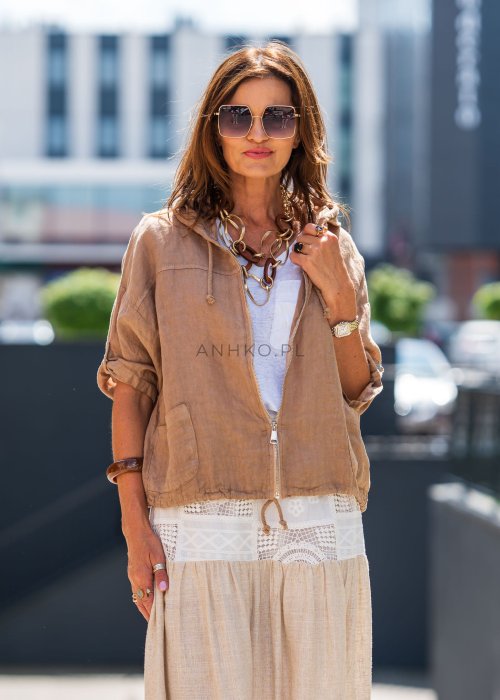 Bluza Lniana Zip Hoodie Beżowa 
