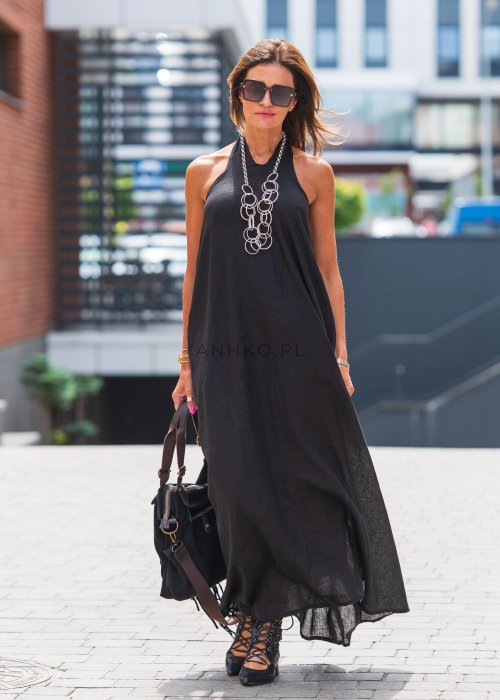 Czarna lniana sukienka maxi bez rękawów z wiązaniem na karku, w luźnym kroju i stylu boho