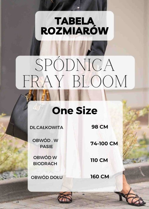 Tabela rozmiarów zielona, lniana spódnica maxi z rozcięciem z przodu, ozdobnymi guzikami i haftowanymi kwiatami w stylu boho