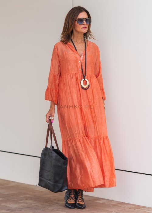 Lniana sukienka maxi w kolorze pomarańczowym z guziczkami, luźny krój boho z falbaną