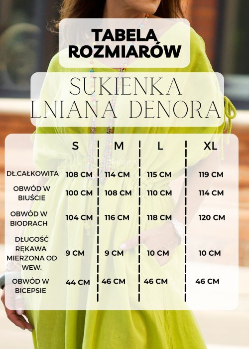 Tabela rozmiarów zielona, lniana tunika koszulowa z krótkim rękawem i guzikami na całej długości, o prostym kroju w lekkim, letnim stylu boho