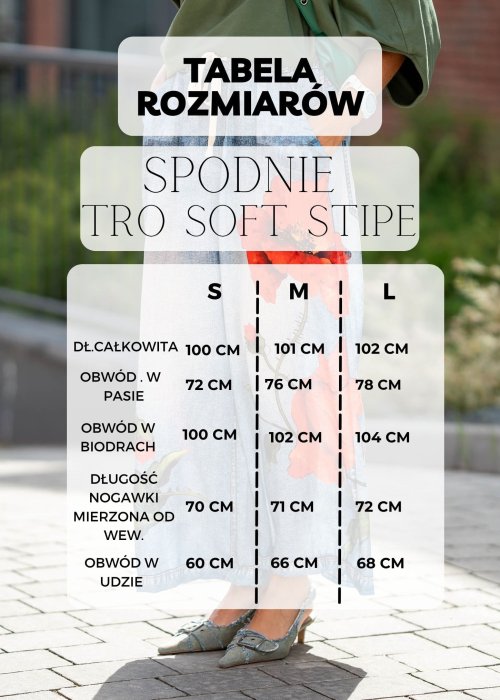 Jasnoniebieskie, luźne spodnie w drobny prążek, z podwiniętymi nogawkami.