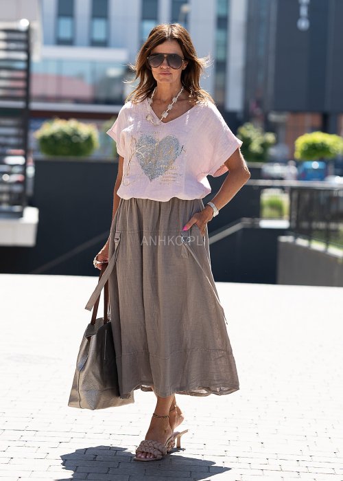Lniana, spódnica maxi o luźnym kroju z kieszeniami i ozdobnymi paskami w kolorze taupe, w stylu boho idealna do letnich stylizacji