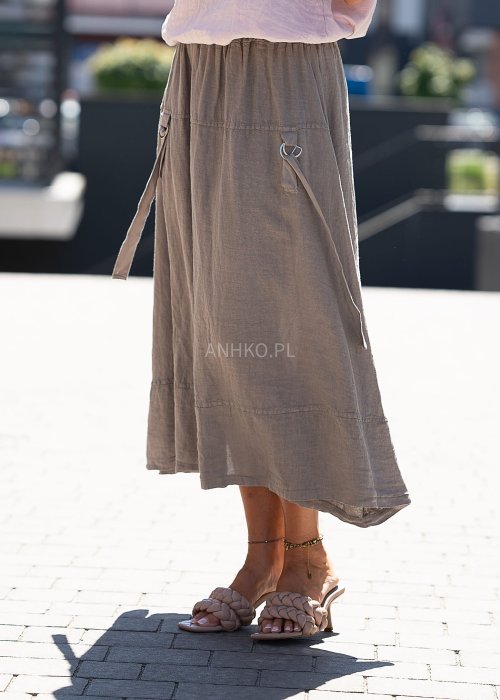 Lniana, spódnica maxi o luźnym kroju z kieszeniami i ozdobnymi paskami w kolorze taupe, w stylu boho idealna do letnich stylizacji