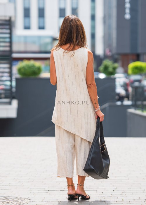 Lniana tunika bez rękawów w beżowe paski, asymetryczny krój, dekolt łódka, styl boho