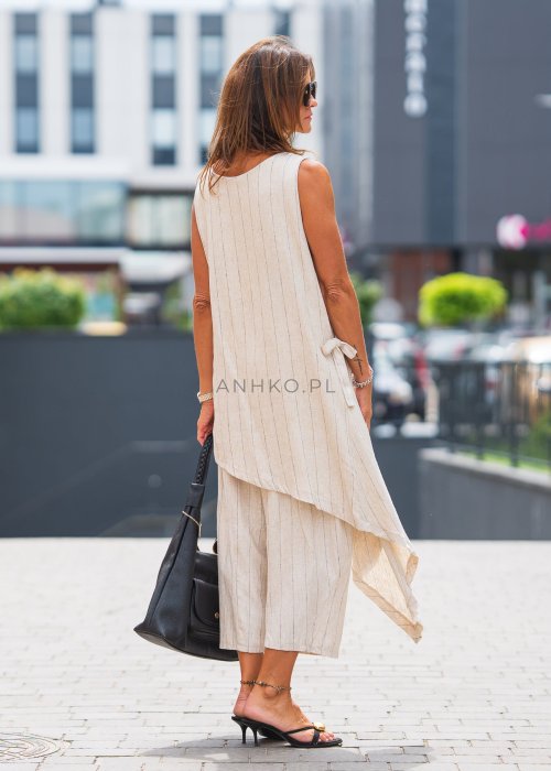 Lniana tunika bez rękawów w beżowe paski, asymetryczny krój, dekolt łódka, styl boho
