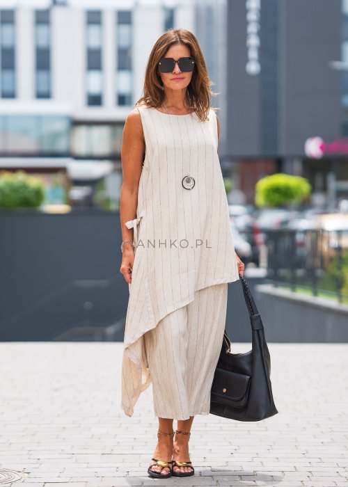 Lniana tunika bez rękawów w beżowe paski, asymetryczny krój, dekolt łódka, styl boho