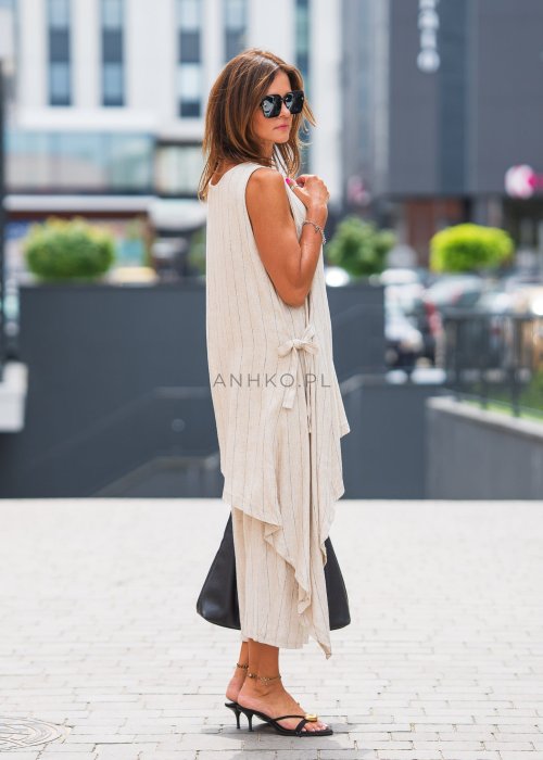 Lniane spodnie damskie w kolorze beżowym w cienkie paski, o luźnym kroju 7/8