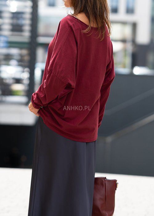 Bordowa bluzka damska z długim rękawem i dekoltem V, luźny krój, miękki materiał, idealna do codziennych stylizacji