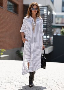 Sukienka Lniana Molina Long Biała w Tenisowy Prążek 